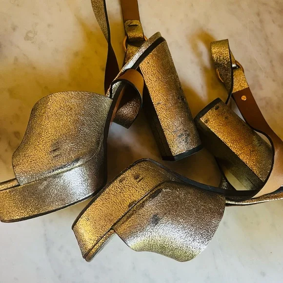 Chloè Gold Metallic 70s Leather Glam Platform Ankle Strap Sexy Disco Heels 37/7 - Picture 8 of 9